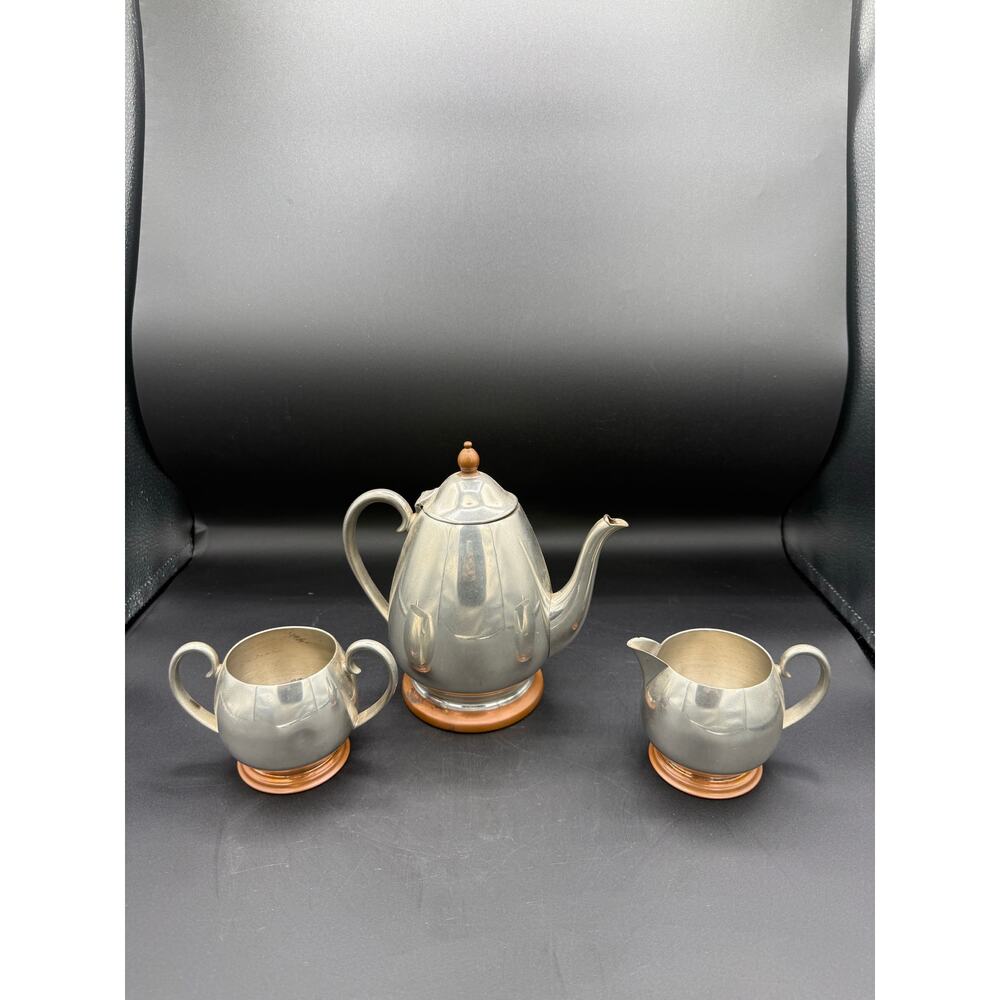 Vintage Crescent pewter teapot, sugar and creamer - great condition